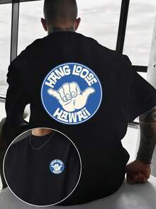 Herren-T-Shirt mit Rundhalsausschnitt und kurzen Ärmeln von Homme Fun and Creative, bedruckt mit hawaiianischem Handgesten-Print, Strandurlaubs-T-Shirt "HANG LOOSE" – Polyestergewebe - Schwarz - Übersicht 1