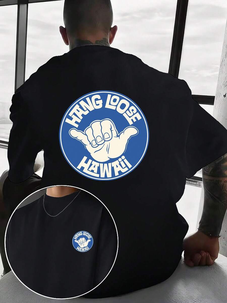 Herren-T-Shirt mit Rundhalsausschnitt und kurzen Ärmeln von Homme Fun and Creative, bedruckt mit hawaiianischem Handgesten-Print, Strandurlaubs-T-Shirt "HANG LOOSE" – Polyestergewebe - Schwarz - Übersicht 1