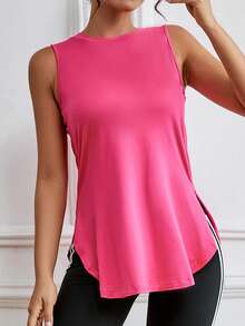 春夏女款素色寬鬆舒適側開衩背心上衣，套頭運動上衣，無袖運動衫，適用於戶外、健身房與運動 - 玫紅色 - 查看 6