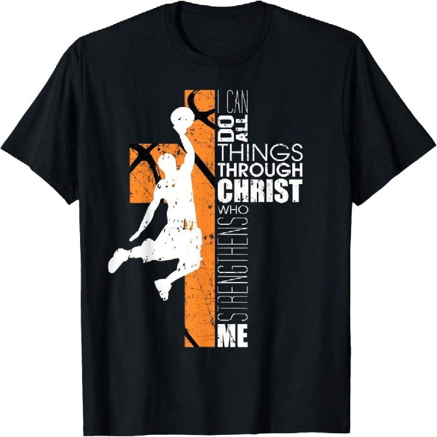 Christian Basketball Religious Bible Verse Philippians 4_13 T-Shirt - Black - View 1