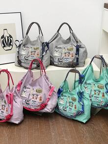 Tas Tote Bordir Landmark Paris Gaya Jepang, Nilon Ringan, Tas Komuter 3 Cara: Bahu/Selempang/Jok - MultiWarna - View 2