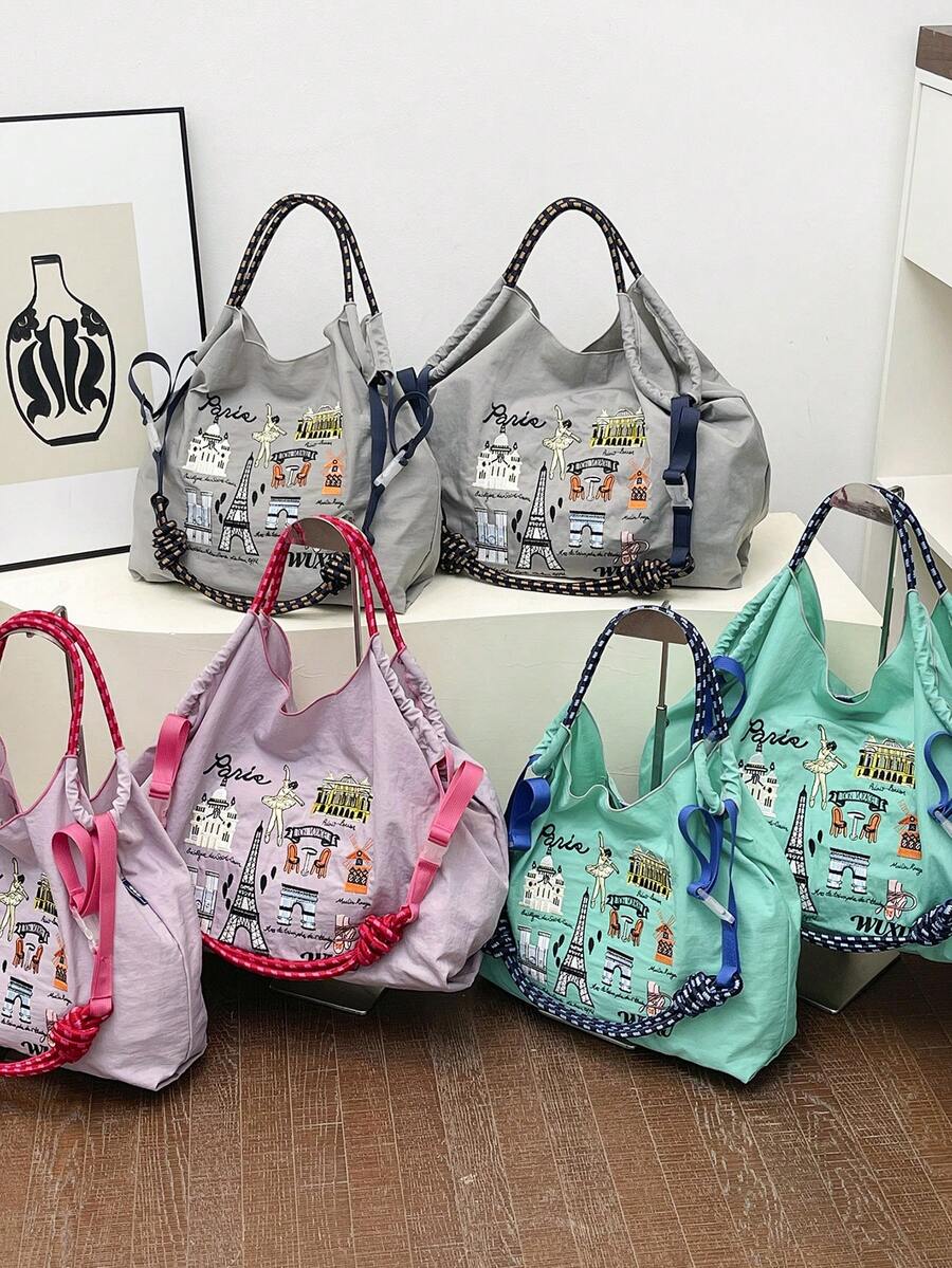 Tas Tote Bordir Landmark Paris Gaya Jepang, Nilon Ringan, Tas Komuter 3 Cara: Bahu/Selempang/Jok