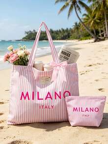 「Milan」字母印花復古條紋帆布托特包,附緞帶,化妝包,女款大容量條紋單肩包,可重複使用購物袋,休閒手提包,文具袋,學生鉛筆盒,內部寬敞輕巧耐用,適用於旅行、工作、上學、海灘、買菜、購物、週末出遊,開口設計方便使用,可水洗托特包,適合女性、媽媽、女孩的完美禮物,畢節紀念品,教師節禮物,節日、開學、生日、開學季、畢業季 - 彩色 - 查看 5