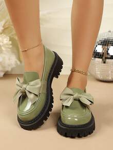 Plus Size Women's Green Thick Sole Chunky Heel Loafers With Large Bow Decor, Round Toe Low-Top Sweet Cool Academy Style Spring Autumn Shoes - Dark Green Bow - View 4