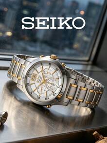 Seiko Men's Quartz Chronograph Dress Watch White Dial Roman Numerals Oversized Date Window Three Sub Dials Two Tone Steel Bracelet Elegant Gift for Office - 銀色 - 查看 4