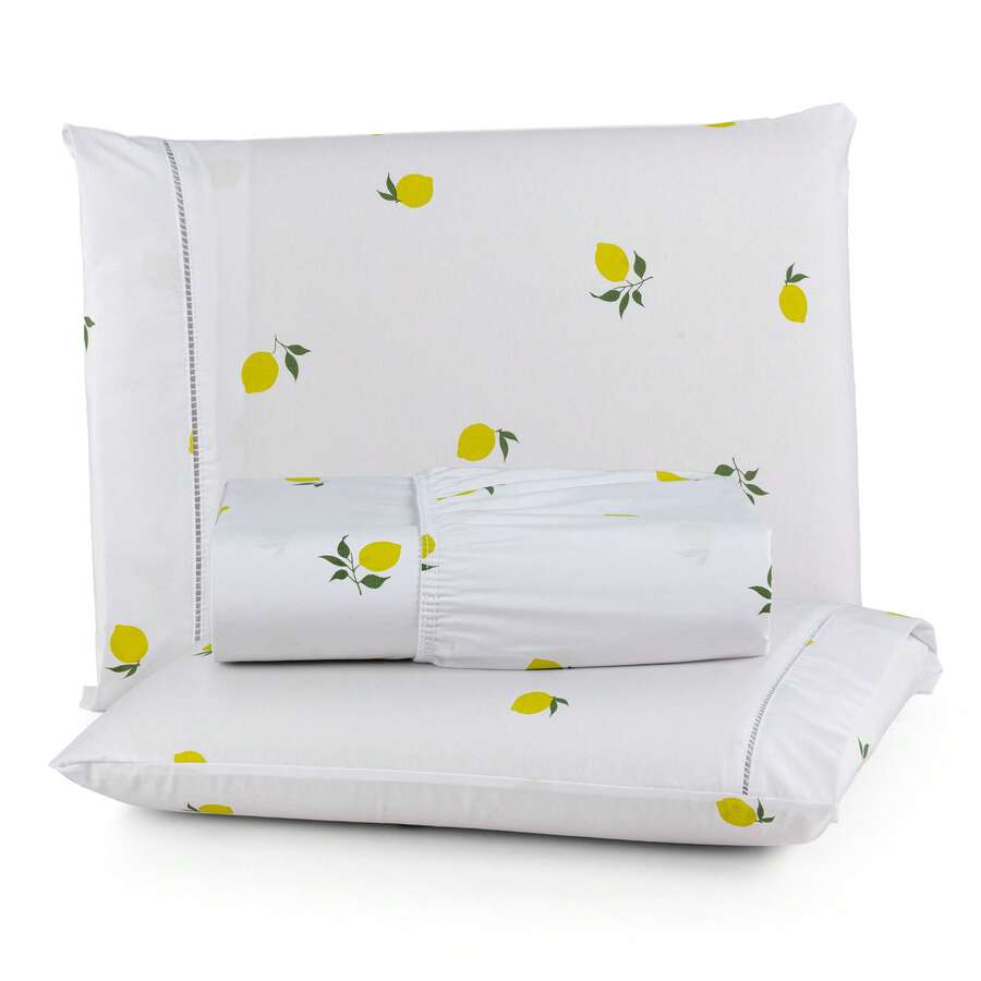 Premium Printed Fitted Sheet Set With Elastic + Pillowcases, 200 Thread Count, Single, Full, Queen And King Sizes, Hypoallergenic - White Lemon - View 1
