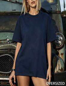OVERSIZED-Women's 100% Cotton T-Shirt-Available In Multiple Colors,Suitable For Sports And Casual Wear-Summer Clothing-Summer Must Have-Women's Gift - 藏蓝色 - 查看 9