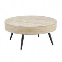 Round Coffee Table, 70 Cm In Diameter, Made Of Light Travertine-Effect MDF, With Black Metal Legs. Minimalist Design, Ideal For Living Rooms And Small Spaces. - 米色 - 查看 1