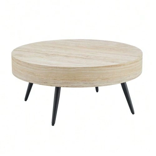 Round Coffee Table, 70 Cm In Diameter, Made Of Light Travertine-Effect MDF, With Black Metal Legs. Minimalist Design, Ideal For Living Rooms And Small Spaces. - 米色 - 查看 1