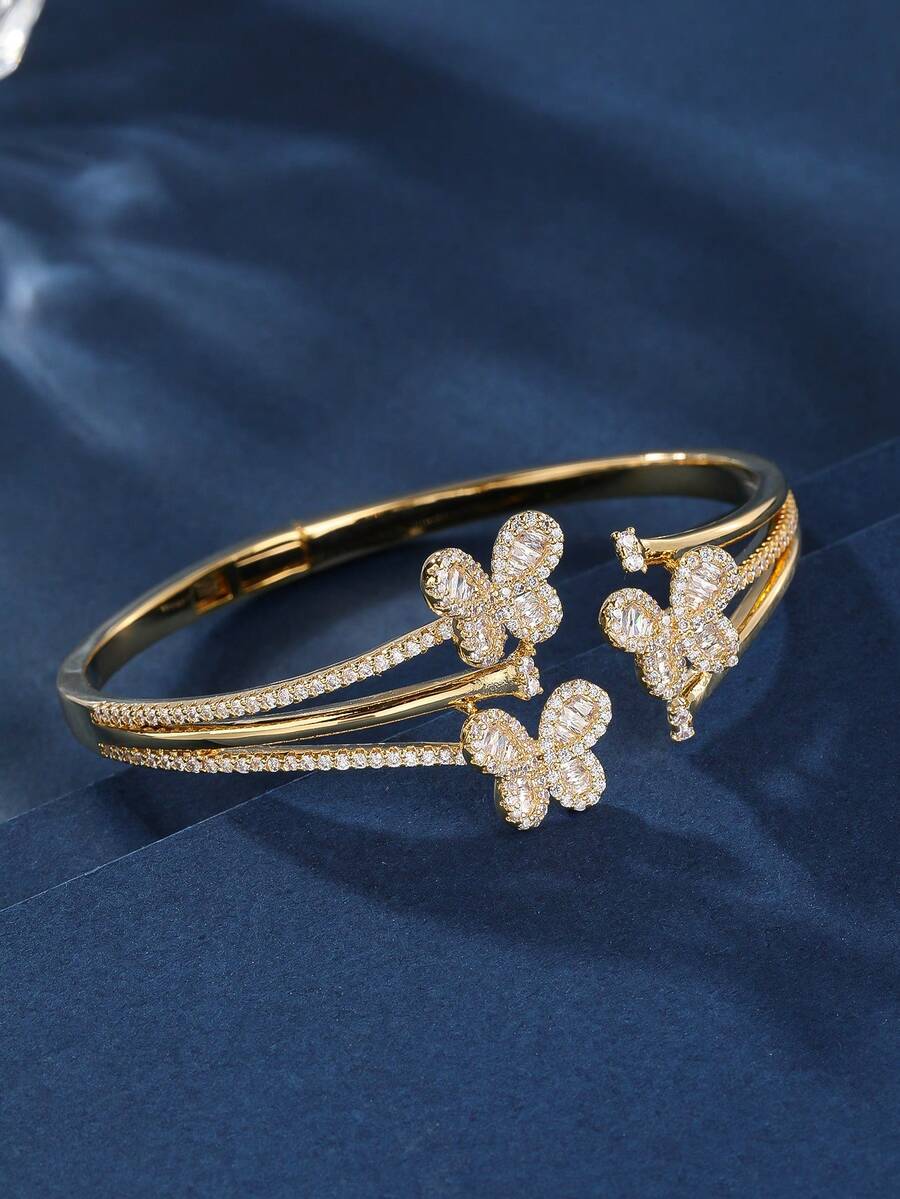 1pc Copper Butterfly Cluster Full Rhinestone Dazzling White Gold/18K Gold/Tri-Color Open Bangle Bracelet, Suitable As Gift, Luxury Evening Wear For Women - Yellow Gold - View 1