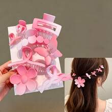 This Set Of 8 Hair Clips Features Floral, Butterfly, And Geometric Patterns, In Pink And Solid Color Gradients. Suitable For Both Girls And Women, These Are Essential Items For Everyday Hairstyles, Suitable For All Seasons - One Size - View 6