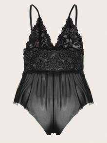 Women Plus Size One Piece Lace Bodysuit Strap Chemise Sheer Mesh Teddy - Black - View 7