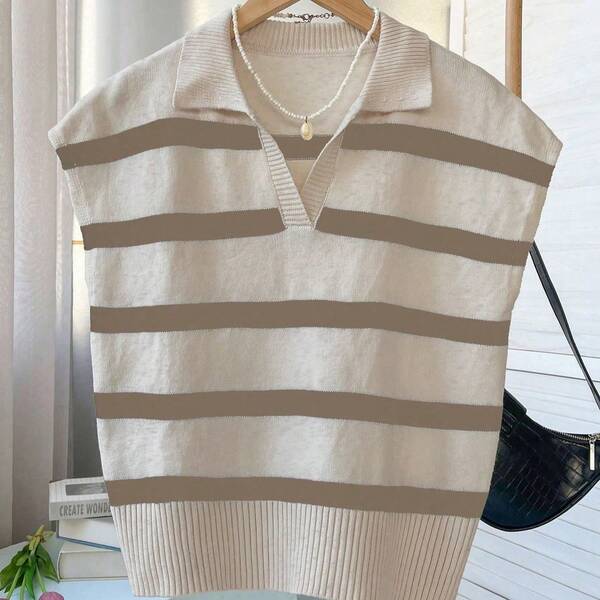 FOR BEAUTY Spring/Summer New Lapel Vintage Style Striped Colorblock Sleeveless Knit Top, Sleeveless Blouse, Loose Casual Pullover, Casual Fashion, Office Date Vacation Top