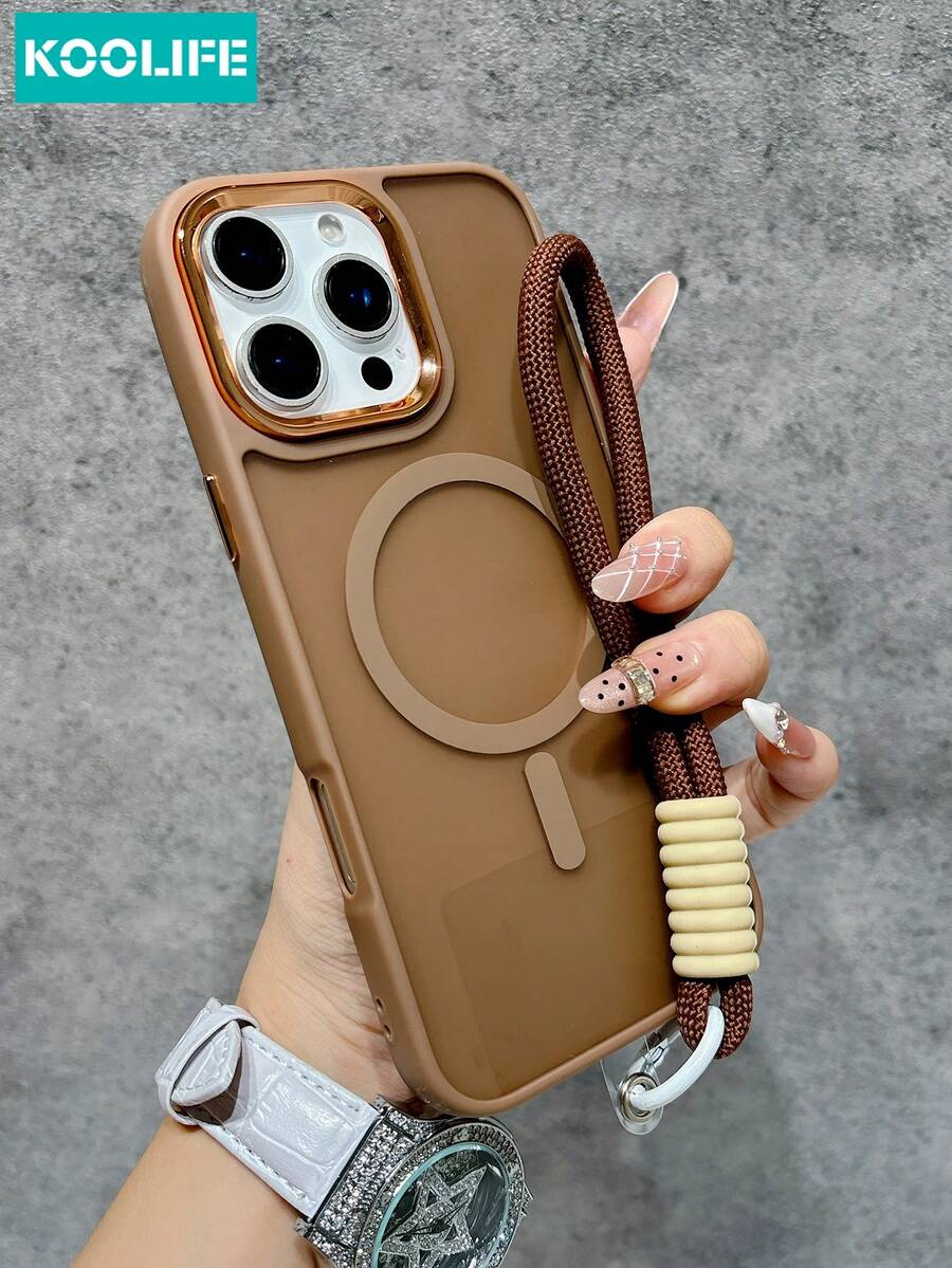 KOOLIFE 1pc Caramel Brown Matte Magnetic Phone Case With Matching Lanyard, Metallic Tone Camera Bezel, PC+TPU Anti-Collision Protective Cover, Magnetic Wireless Charging Compatible, Anti-Scratch Daily Use Back Shell Compatible With Apple 17/17pro/17promax/17Air/16/15/14/13/12/11