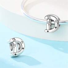 1 pieza Encanto de cuentas de la serie de iniciales estrelladas de estilo cielo estrellado celestial de plata de ley S925 de baja alergia, adecuado para pulsera original, fabricación de joyas DIY para mujeres, regalo de cumpleaños - Blanco - Ver 5