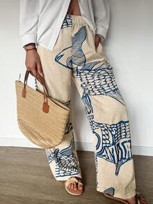 Women's Spring/Summer Casual Comfortable Pocket Bohemian Vacation Set, English Letter Multi-Style Ugly Fish Contrast Color Latin Fish Print Long Pants - Apricot - View 2