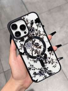 1pc New Creative Black Magnetic Shadow Forest Peony Pattern Unique Phone Case Compatible With Apple Series Apple 16promax Phone Case 11/12/13/14plus/XR/7/8plus/15PROMAX Phone Case - Black - View 3