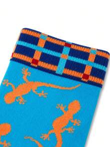 1 Pair Men Lizard Print Crew Socks, Blue & Orange Plaid Trim, Soft & Breathable, Fun Reptile Design, Great For Christmas & Holiday Gifts. - Multicolor - View 6