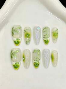 10PCS Almond Handmade Press On Nails For Party And Daily Wear,Green Nail,Green French Glass Bead Cat Eye Handmade Reusable Press On Nails,Forest Elf,Easy To Wear,Summer Nail,Shining Bright,Suitable For Girls And Women Festivals Parties And Daily Wear - Lime Green - View 10