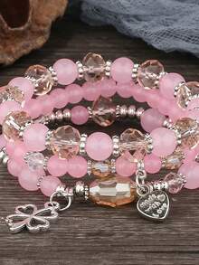 3er/Set mehrschichtige böhmische elastische Armbänder, modische Vierblattkleeblatt rosa Perlen süßer Schmuck - Pink - Übersicht 3