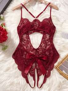 1pc Women's Sexy Open Crotch Lace Jumpsuit, Backless Sheer Bow Teddy, No-Removal Lingerie For Home Or Private Party - Burgundy - View 8