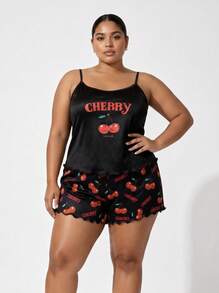 Snug League Plus Size Women's Sleepwear Set, Cherry Letter Print Camisole And Shorts, Loose And Comfortable, Summer Pajamas - Black - View 4