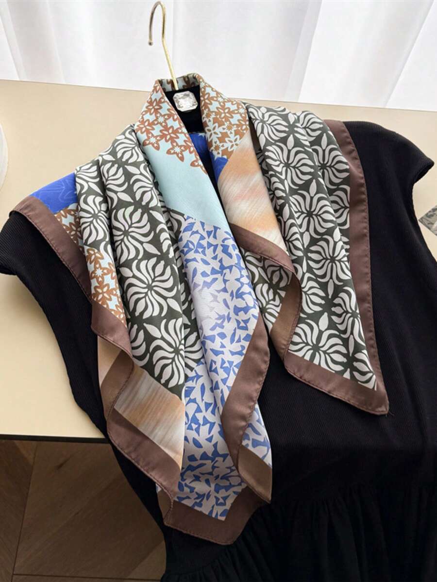 1件奢華時尚碎花絲綢緞面正方形髮帶,多功能女用髮帶披肩,適合旅行、度假、休閒與日常通勤的小領巾頭巾 - S57105-棕色 - 查看 1