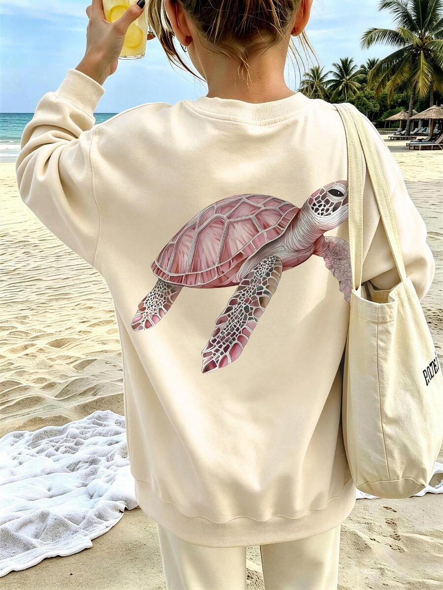 Crew Neck Long Sleeve Turtle Print Sweatshirt, Cute And Fashionable, Suitable For Girls' Autumn/Winter Wear - Apricot - View 1