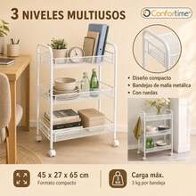Inde CONFORTIME | Carrito Auxiliar con Ruedas 3 Niveles, Estantería Metálica Blanca con Cestas de Rejilla y Ganchos, Carrito de Cocina y Verdulero, Mueble Auxiliar de Baño para Almacenaje del Hogar - 3 Niveles Blanco - Ver 6