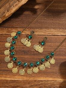 Bohemian Vintage Gold Colorful Crystal Jewelry Set, Sunflower Drop Earrings & Choker Necklace For Party - Round - View 13