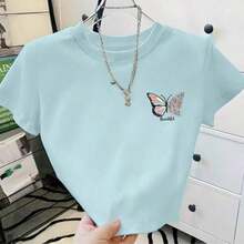 Cropped Feminino Oversize com Estampa de Borboleta Camiseta Tecido Macio e Confortável Top Cropped Casual Ideal para Todas as Estações - Azul bebê - Visão 2
