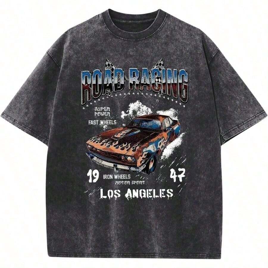 1 Piece Men's Graphic T-Shirt, Oversized, Vintage Streetwear Style, Racing Print T-Shirt, Los Angeles Style, For Valentine's Day E6EE180g 100% Cotton - 黑色 - 查看 1