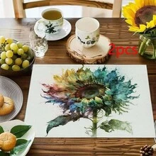 1/2/4/6/8PCS Floral Placemats,45*30cm,2 Prints: Sky Cloud Zinnia Painting & Watercolor Gradient Sunflower. 100% Polyester, Fade/Water/Stain/Heat Resistant, Machine Washable & Durable For Home Dining Decor. - Multicolor - View 19