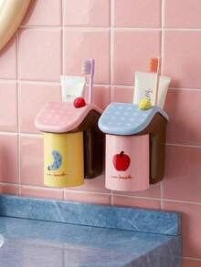 1pc Magnetic Toothbrush Holder & Cup Set, Magnetic Toothbrush Holder, Wall-Mounted Toothbrush & Toothpaste Storage Rack, Easy Installation, Cute Design, Inverted Cup Drainage, Dry And Non-Humid, 3-In-1 Toothbrush, Toothpaste And Cup Storage, Bathroom & Home Organization - Multicolor - View 4