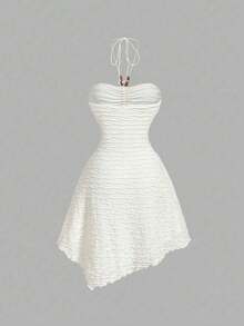 MOD Vestido de mujer de unicolor con cuello halter y bajo asimétrico - Albaricoque - Ver 4