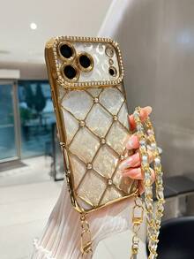1pc Rhinestone Sequin Leather Chain Studded Air Cushion Electroplated Gold TPU Shockproof Phone Case Compatible With IPhone - Multicolor - View 3