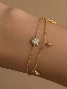 1 pièce Bracelet double couche en argent sterling S925 style doux avec motif étoile pour femmes, design de niche style Ins, polyvalent pour les trajets, élégant haut de gamme, accessoire quotidien délicat et féminin ajustable - étoiles - Voir 1