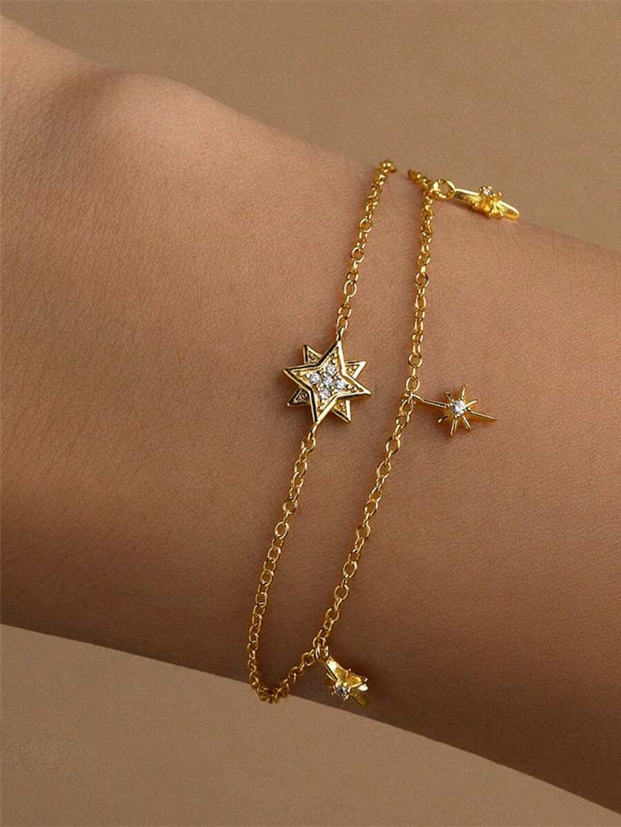 1 pièce Bracelet double couche en argent sterling S925 style doux avec motif étoile pour femmes, design de niche style Ins, polyvalent pour les trajets, élégant haut de gamme, accessoire quotidien délicat et féminin ajustable - étoiles - Voir 1