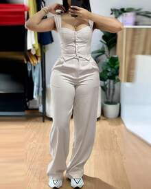 New Women's European And American Style Outfit, Fitted Crop Top With Straps And Wide-Leg Pants, Elegant And Casual Look For Curvy Women - 象牙白 - 查看 5