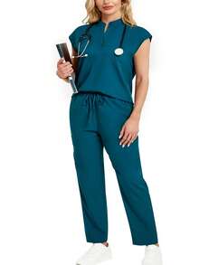 cimmuovere Plus Size Stand Collar Sleeveless Loose Top And Practical Multi-Pocket Pants Suit, Scrubs Set For Healthcare Workers Spring - Dark Green - View 6