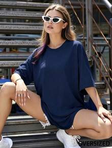 OVERSIZED-Women's 100% Cotton T-Shirt-Available In Multiple Colors,Suitable For Sports And Casual Wear-Summer Clothing-Summer Must Have-Women's Gift - 藏蓝色 - 查看 7