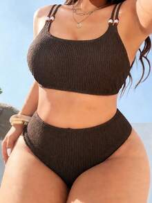 Swim Lushoire Conjunto de 2 piezas de talla grande para mujer con cuello redondo, rayas de textura marrón oscuro, para playa y vacaciones - Café integral - Ver 1