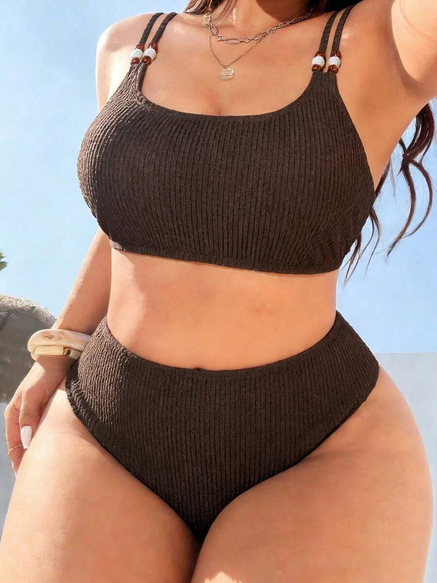 Swim Lushoire Conjunto de 2 piezas de talla grande para mujer con cuello redondo, rayas de textura marrón oscuro, para playa y vacaciones - Café integral - Ver 1