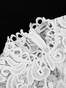 AOMEI Women's Plus Size Elegant Noble White Lace Fitted Dress, With Transparent Puff Long Sleeves High Neck Party Wedding Guest Ball Birthday Occasion Dress, Wedding Anniversary, Elegant Charming Women's Outfit - White - View 9