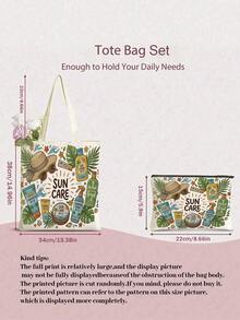 Set 2 Tas Tote Kanvas Motif Daun Palem Tropis Musim Panas, Tas Bahu Pantai Besar dengan Kantong Kosmetik Mini Berresleting, Tas Tangan Liburan yang Dapat Digunakan Kembali - Krem - View 5