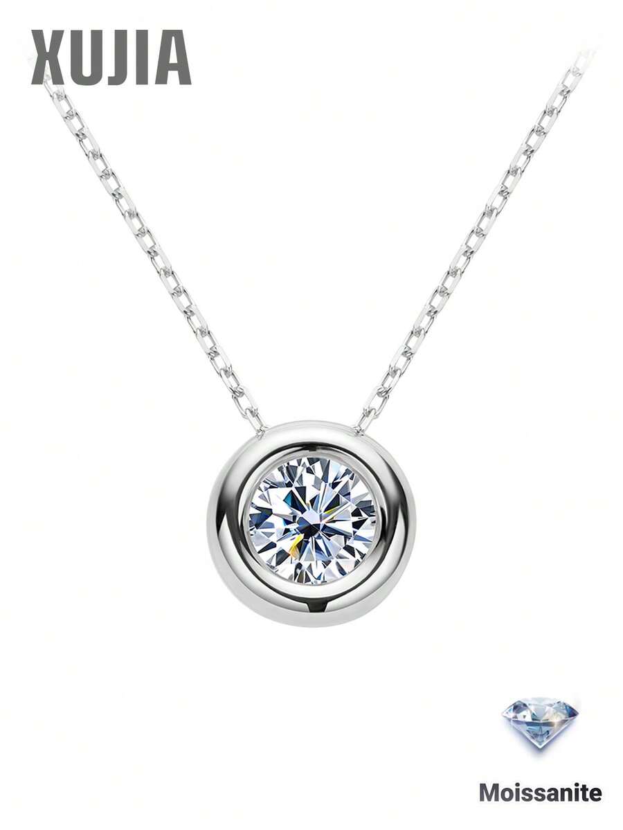 XUJIA 1PC 1CT/2CT/3CT Moissanite Necklace 925 Sterling Silver Moissanite Necklace For Women, 6.5mm/8mm/9mm Round Bezel Set Pendant, Adjustable 18"+2" Chain