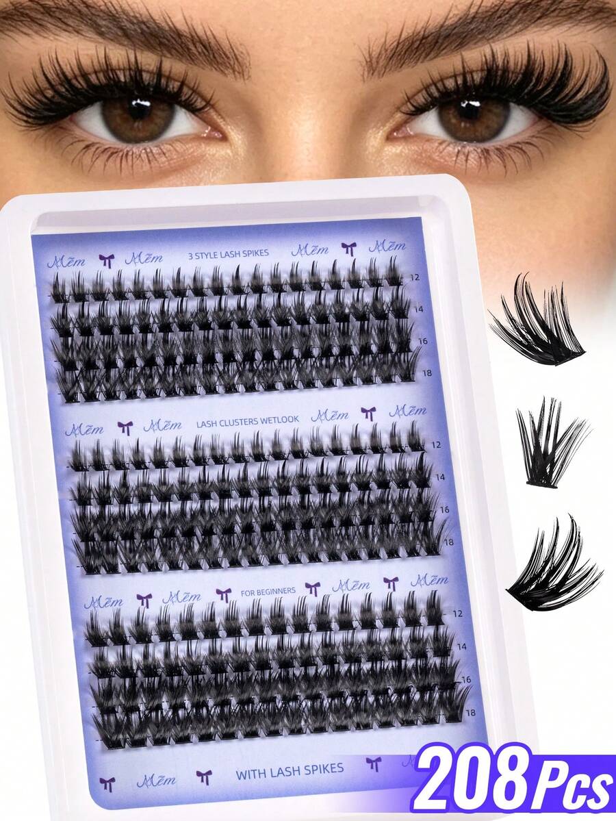 MEM 208 Clusters Of Long, Slender Eyelash Extensions (12–18mm); Cartoon-Style, Lightweight, Soft, And Fluffy; Suitable For Individual Application; DIY False Lashes; Ideal For Halloween And Christmas.