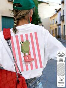 Camiseta de manga corta holgada con hombros caídos 100% algodón para mujer, tortuga acuarela fresca, top casual versátil blanco de verano - Blanco - Ver 4