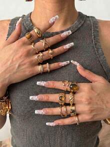 15pcs/Set Vintage Chunky Gold Stacking Ring Set Bohemian Faux Brown Stone Geometric Knuckle Rings Y2K Joint Jewelry - Gold - View 2