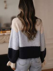 Women's Colorblock Striped Cardigan, New Autumn Loose Slouchy Knit Jacket, Round Neck Ruffle Cuff Sweater, French Slouchy Fall - Mixed Colors - View 3